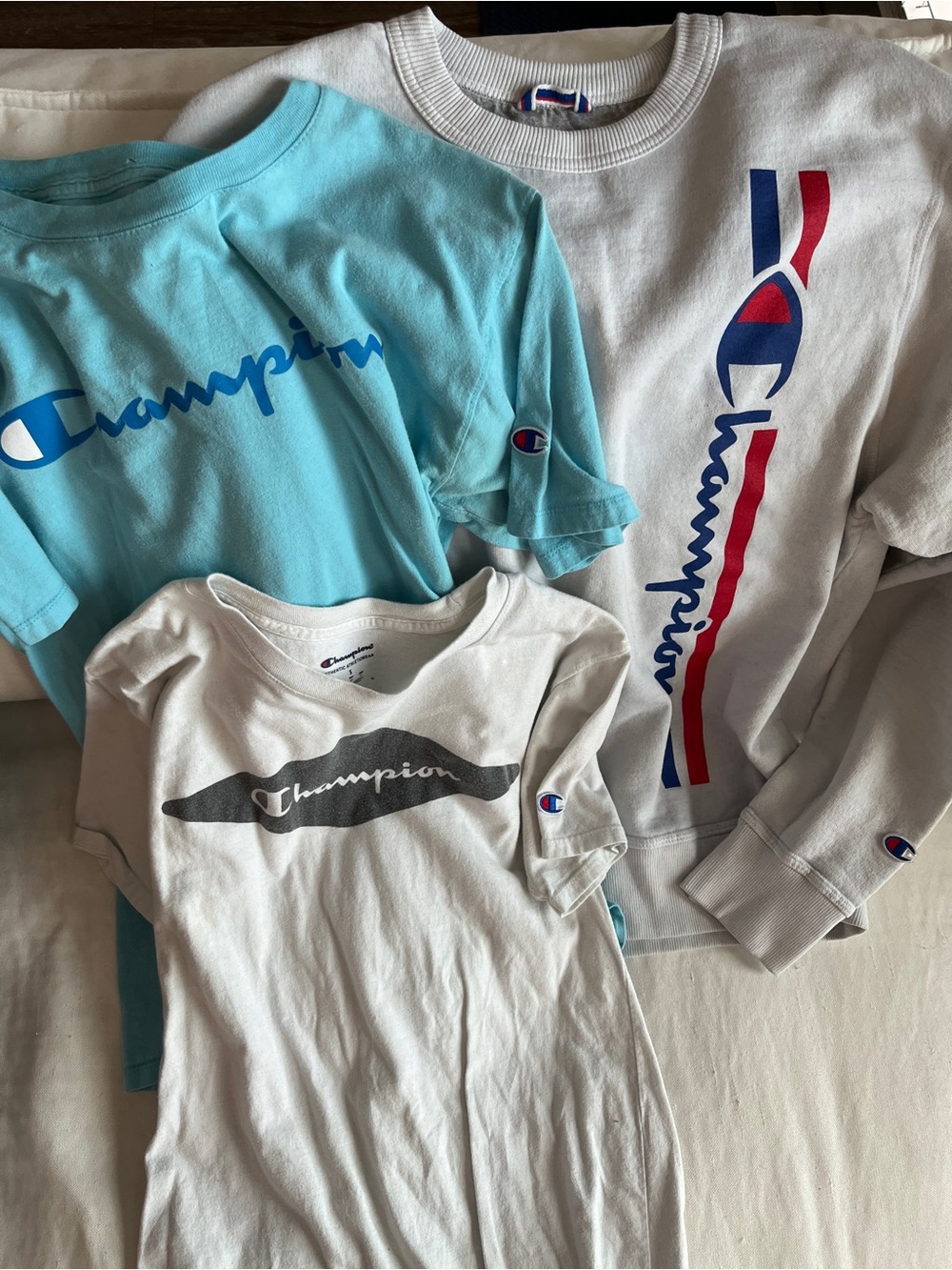 Champion Three-Piece Set in Light Blue, White, Gray 2 Tshirts and 1 Sweatshirt